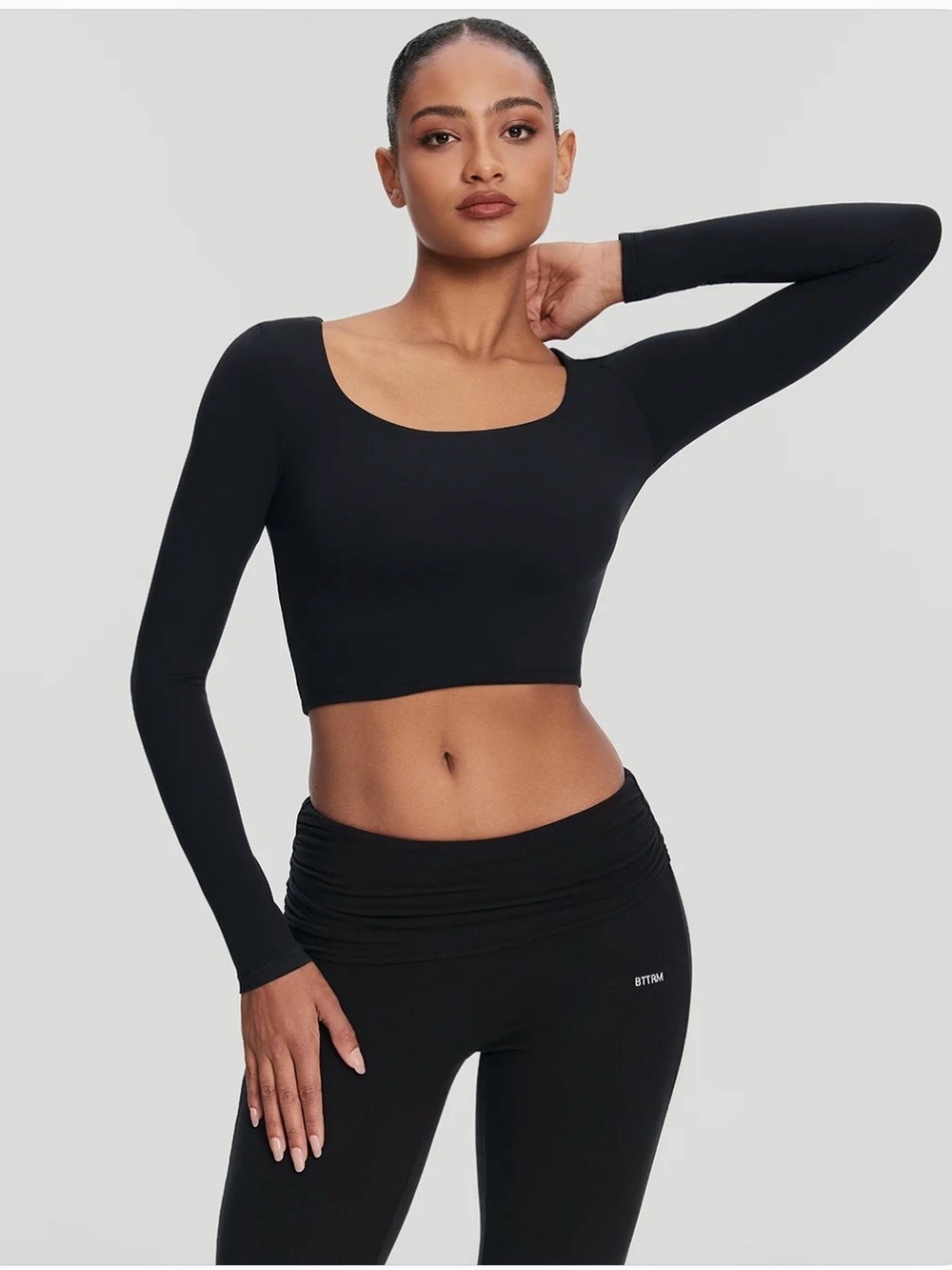 Long Sleeve Black Cropped Scoop Neck Top